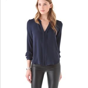 Theory Ruisa Cleopatra Silk Long Sleeve Blouse Navy Blue Extra Small
